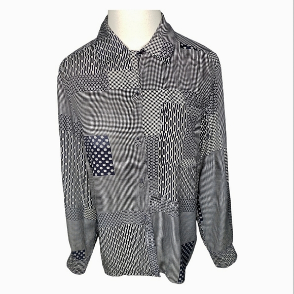 Vintage Mixed Print Covered Buttons 80's Y2K  Grandma Long Sleeve Blouse Size 8 - Picture 1 of 11